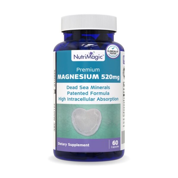 NutriMagic 520mg Patented High Absorption Elemental Magnesium from Oxide, Dead Sea Minerals Complex (1 Bottle, 2-Month Supply (60 Capsules))