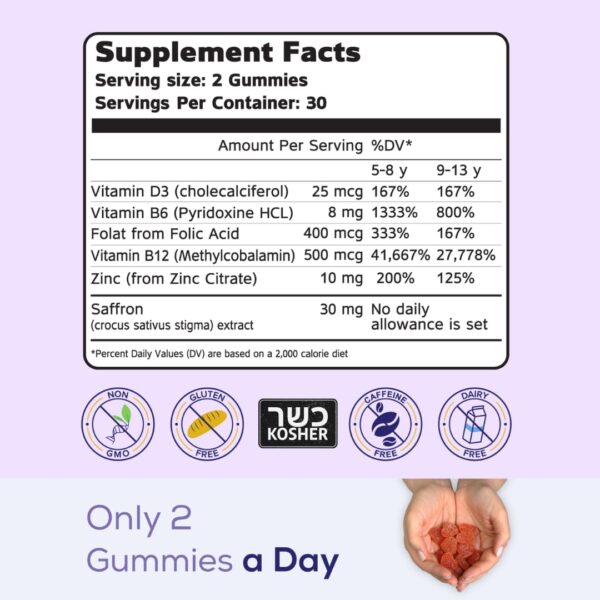 NutriMagic Brain Booster+ 30mg Pure Saffron Extract Gummies & Multivitamin D3, B6, B12, Zinc, Supports Kids Focus, Memory, Attention, Mood Balance & Brain Health, 60x Non-GMO Dietary Supplement Gummy - Image 8