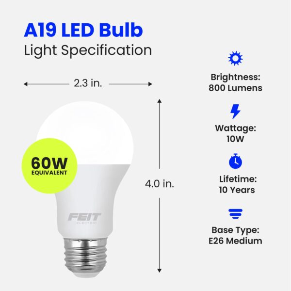 Feit Electric A19 LED Light Bulbs, 60W Equivalent, Non Dimmable, 800 Lumens, E26 Standard Base, 5000k Daylight, 80 CRI, 10 Year Lifetime, Energy Efficient, 10 Pack, A800/850/10KLED/10 - Image 9