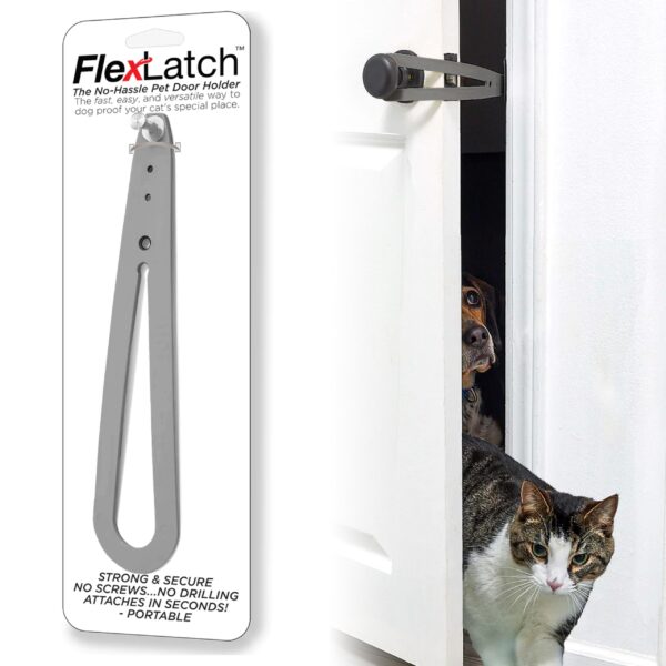 FlexLatch Cat Door Holder Latch - Gray Cat Door Alternative, Flex Latch Strap Let's Cats in and Keeps Dogs Out of Litter and Food Safe Baby Proof One Piece No Measuring Extra Easy