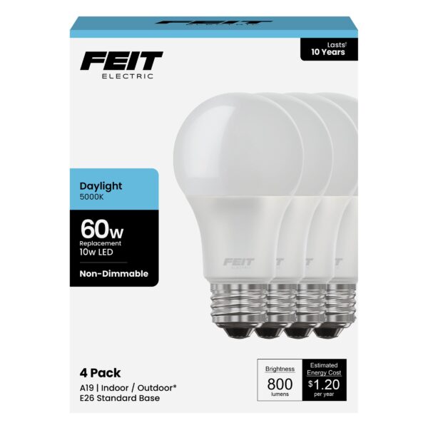 Feit Electric A19 LED Light Bulbs, 60W Equivalent, Non-Dimmable, 800 Lumens, E26 Standard Base, 5000k Daylight, 80 CRI, 10 Year Lifetime, Energy Efficient, 4 Pack, A800/850/10KLED/4