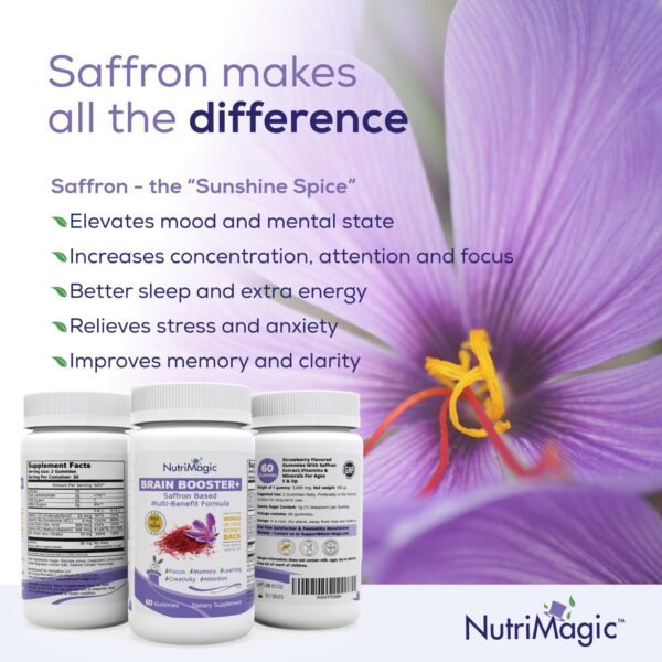 NutriMagic Brain Booster+ 30mg Pure Saffron Extract Gummies & Multivitamin D3, B6, B12, Zinc, Supports Kids Focus, Memory, Attention, Mood Balance & Brain Health, 60x Non-GMO Dietary Supplement Gummy - Image 6