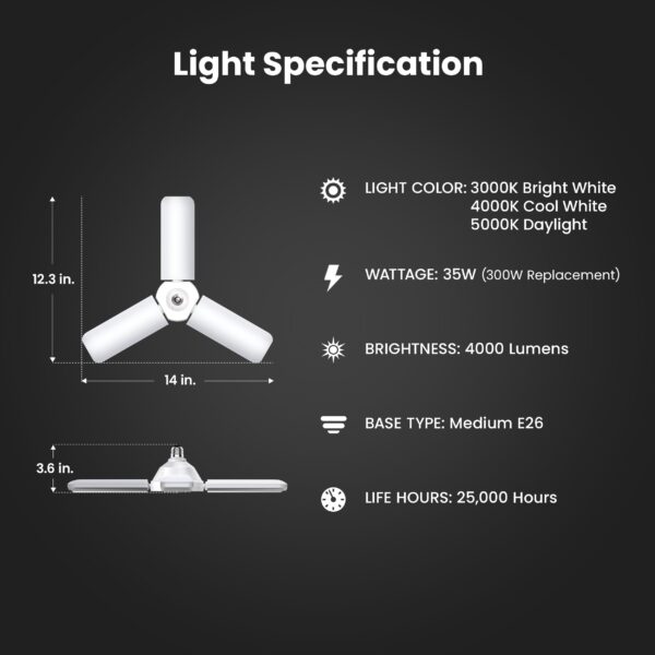Feit Electric LED Garage Light Bulb, 300W Equivalent, 4000 Lumens, 3CCT, Adjustable Panel, Multi-Directional Garage Light Panels, E26 Base, 25,000-Hour Lifetime, ADJ4000/3CCT/LED - Image 11