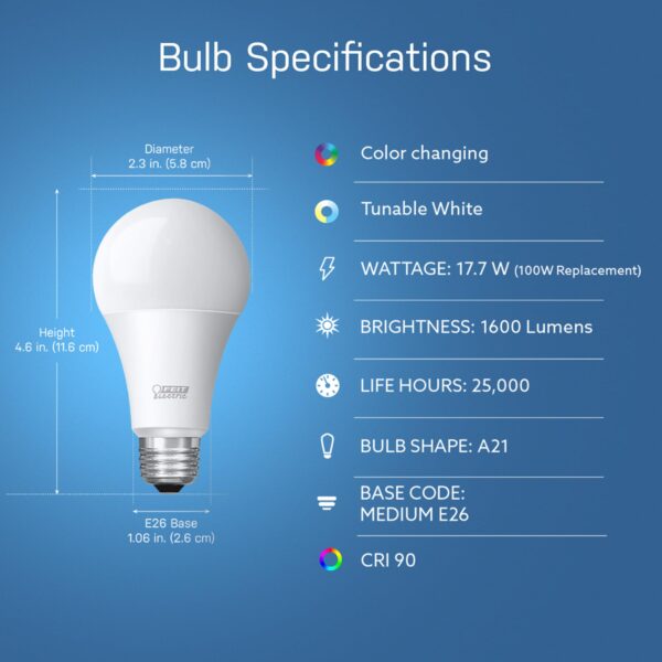 Feit Electric Smart Bulb, 100W Equivalent Color Changing and Tunable White, 2.4Ghz Wifi light bulb, No Hub Needed, Works with Alexa and Google Assistant, High CRI Dimmable LED OM100/RGBW/CA/AG, 1 Pack - Image 10