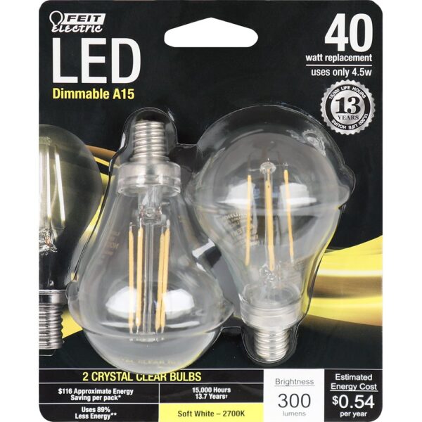 Feit Electric - Decorative Clear Glass Filament LED Dimmable 40W Equivalent Soft White (2700K) Classic A15 Light Bulb, Pack of 2 (BPA1540C/827/LED/2)