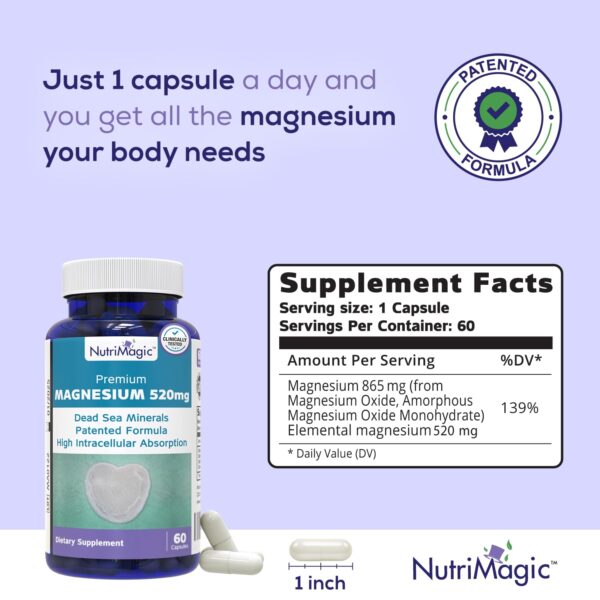 NutriMagic 520mg Patented High Absorption Elemental Magnesium from Oxide, Dead Sea Minerals Complex (1 Bottle, 2-Month Supply (60 Capsules)) - Image 6