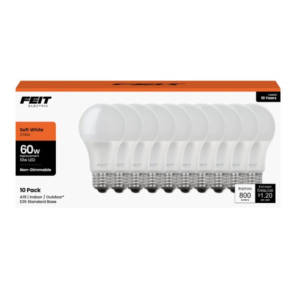 Feit Electric A19 LED Light Bulbs, 60W Equivalent, Non Dimmable, 800 Lumens, E26 Standard Base, 3000k Warm White, 80 CRI, 10 Year Lifetime, Energy Efficient, 10 Pack, A800830/10KLED/10/RP