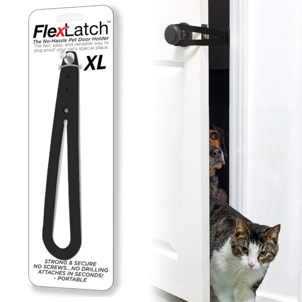 FlexLatch Cat Door Holder Latch - Black Cat Door Alternative Installs Fast Flex Latch Strap Let's Cats in and Keeps Dogs Out of Litter & Food. Safe Baby Proof One Piece No Measuring Extra Easy X-Large