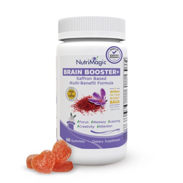 NutriMagic Brain Booster+ 30mg Pure Saffron Extract Gummies & Multivitamin D3, B6, B12, Zinc, Supports Kids Focus, Memory, Attention, Mood Balance & Brain Health, 60x Non-GMO Dietary Supplement Gummy