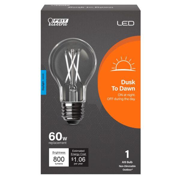 Feit Electric LED Built-in Dusk to Dawn Sensor Intellibulb - Clear Filament A19 with an E26 Medium Base Light Bulb - 60W Equivalent - 15 Year Life - 800 Lumen - 5000K Daylight