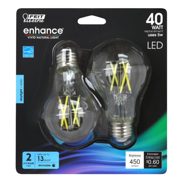 Feit Electric LED A19 Medium Base Light Bulb - 40W Equivalent - 15 Year Life - 450 Lumen - 5000K Daylight - Dimmable | 2-Pack - Image 2