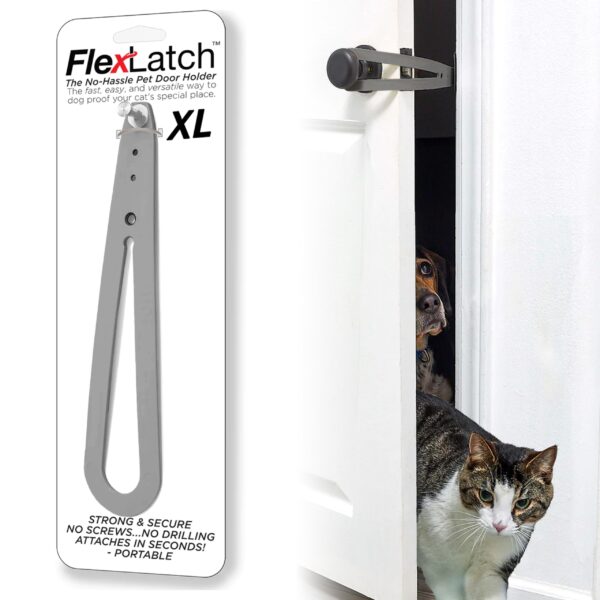 FlexLatch Cat Door Holder Latch - Cat Door Alternative Installs Fast Flex Latch Strap Let's Cats in and Keeps Dogs Out of Litter & Food. Safe Baby Proof One Piece Extra Easy, XL Gray