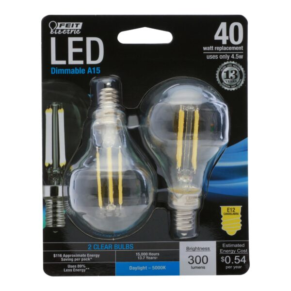 Feit Electric - Decorative Clear Glass Filament LED Dimmable 40W Equivalent Daylight (5000K) Classic A15 Light Bulb, Pack of 2 (BPA1540C/850/LED/2), Candelabra Clear