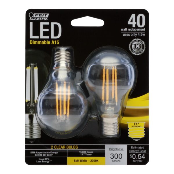 Feit Electric BPA1540N/827/LED/2 Decorative Clear Glass Filament LED Dimmable 40W Equivalent Classic A15 Light Bulb (Pack of 2), Soft White