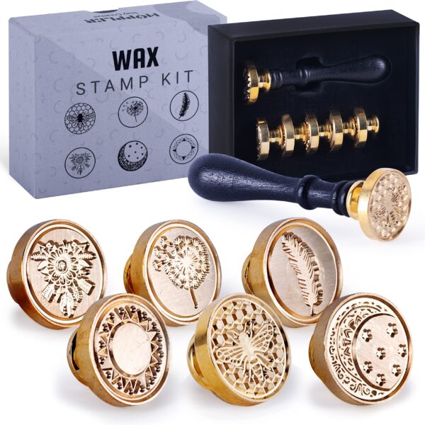 Hoppler Wax Seal Kit Having 6 PCS Wax Seal Stamp Heads, 1 PC Wood Handle Perfect Wax Stamp Seal Kit for Letter Sealing with Different Patterns for Gift Box Sealing