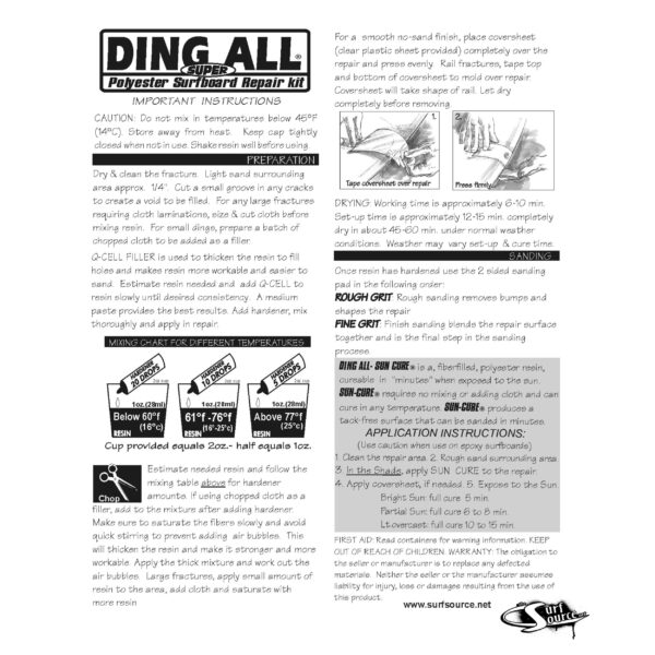 Ding All 4 Oz All SUPER Polyester Repair Kit for Medium to Large Sized Polyester Surfboards Repairs - Image 2